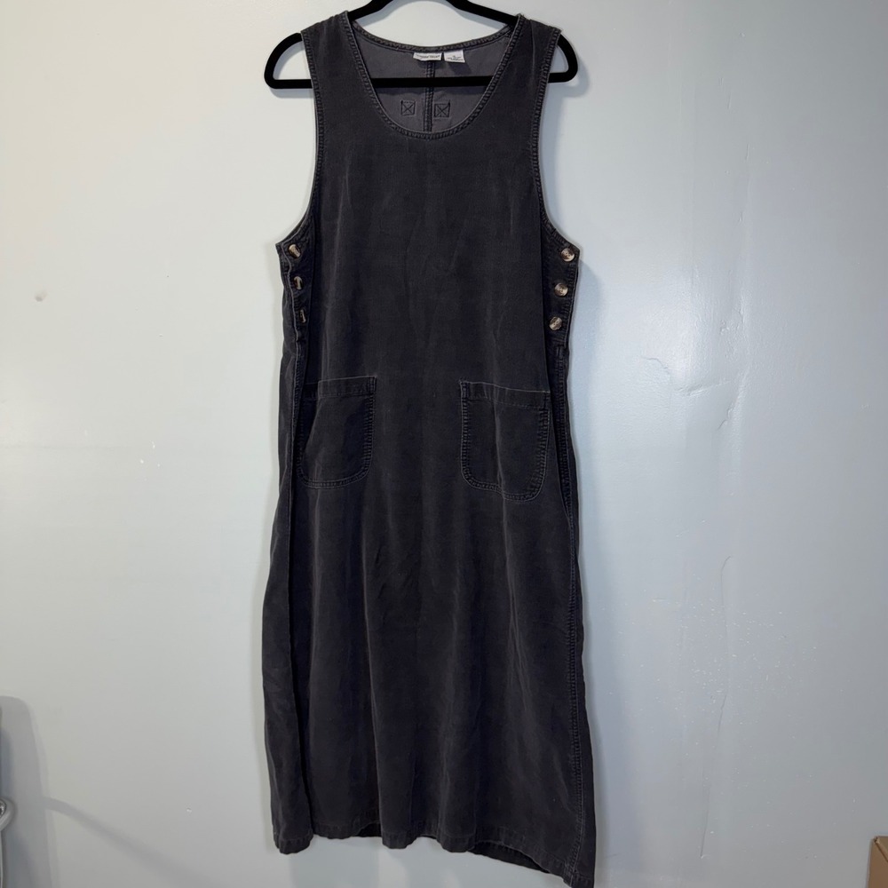 VTG Cabin Creek Womens Gray Corduroy Jumper Dress Sleeveless Midi Pockets Sz 12